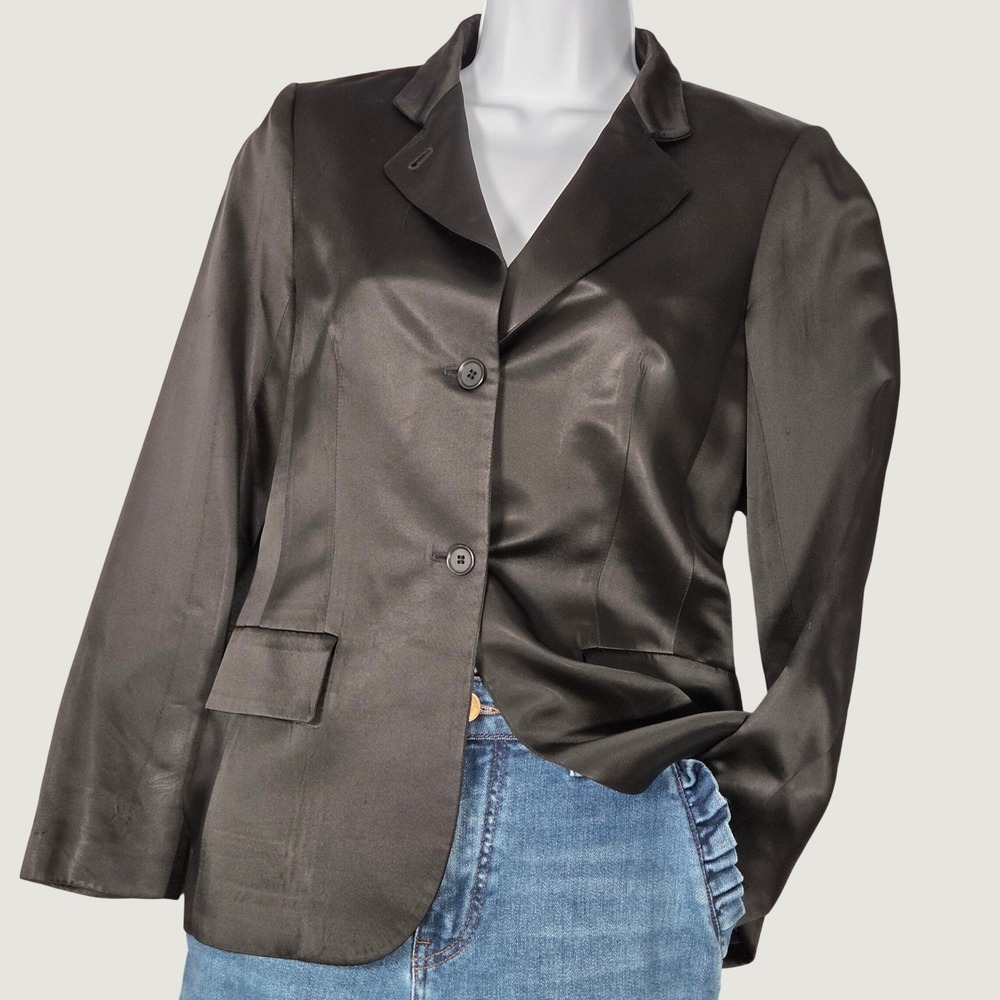 Kulson Womens 38 Tailored Satin Blazer Jacket Black Italy Shiny 2 Button